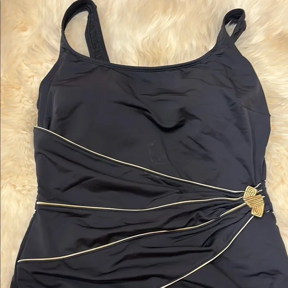 Black and Gold One-Piece Swimsuit with Geometric Straps - Picture 2 of 5
